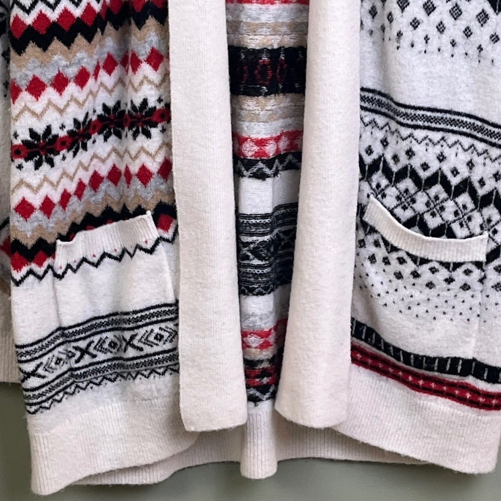 Loft Red Black Fair Isle‎ Open Front Cardigan Wool Blend Knit Christmas Medium - Picture 3 of 7